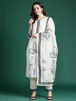Indo Era - Women White Floral Printed Sequined Kurta with Pant and Dupatta