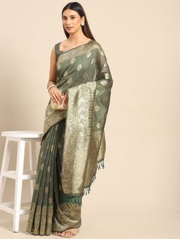 Akhilam - Womens Silk Blend Olive Woven Design Designer Saree with Unstitched Blouse
