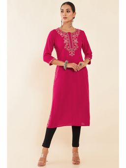 Soch - Pink Floral Embroidered Rayon Kurta
