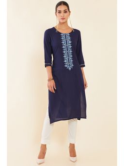 Soch - Navy Blue Embroidered Rayon Kurta with Gota Patti