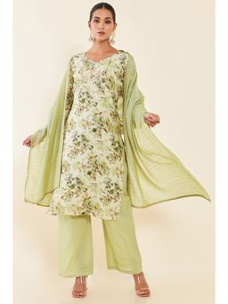 Soch - Green Floral Printed Muslin Unstitched Dress Material with Zardosi Hand Embroidery (Set of 3)