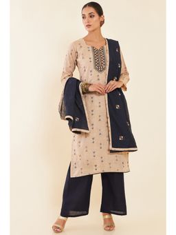 Soch - Beige Geometric and Ethnic Cotton Unstitched Dress Material with Blue Dupatta (Set of 3)