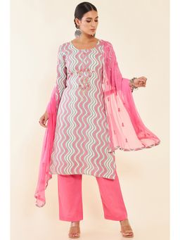 Soch - Pink Printed Cotton Unstitched Dress Material with Hand Embroidery and Sequins (Set of 3)