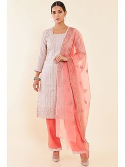 Soch - Pink Floral Embroidered and Printed Organza Unstitched Dress Material with Sequins (Set of 3)