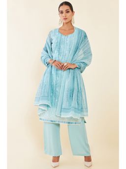 Soch - Blue Bandhani Printed Chanderi Unstitched Dress Material with Embroidery (Set of 3)