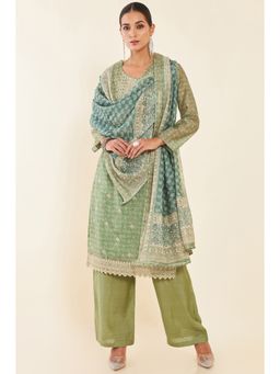 Soch - Olive Printed and Embroidered Chanderi Unstitched Dress Material (Set of 3)