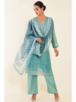 Soch - Teal Printed and Embroidered Chanderi Unstitched Dress Material (Set of 3)