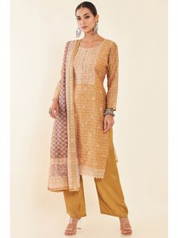 Soch - Brown Embroidered Straight Rayon Unstitched Kurta with Gota Patti (Set of 3)