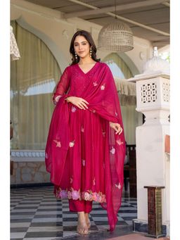 WOOMN - Red Rani Rose Ensemble Anarkali with Pant and Dupatta