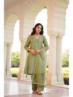 WOOMN - Green Embroidered A-Line Kurta with Salwar and Dupatta