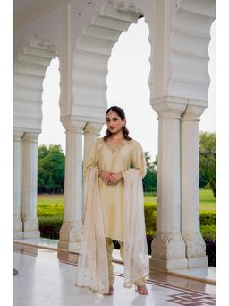 WOOMN - Cream Embroidered Chanderi A-Line Kurta with Salwar and Dupatta