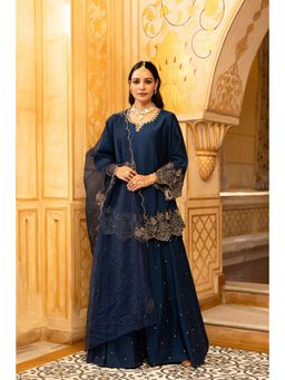 WOOMN - Blue Satori Silk Embroidered Kurta with Palazzo and Dupatta