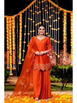WOOMN - Rust Satori Silk Embroidered Kurta with Palazzo and Dupatta