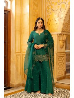 WOOMN - Green Satori Silk Embroidered Kurta with Palazzo and Dupatta