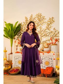 WOOMN - Purple Embroidered Russian Silk Anarkali with Pant and Dupatta