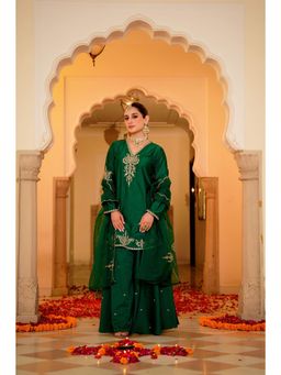 WOOMN - Green Embroidered Silk Kurti with Palazzo and Dupatta