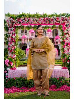 WOOMN - Brown Embroidered Straight Kurta with Pant and Dupatta