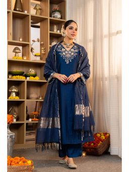 WOOMN - Blue Embroidered Satori Silk Festive Kurta with Pant and Dupatta