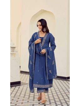 WOOMN - Blue Embroidered Chanderi Kurta with Pant and Dupatta