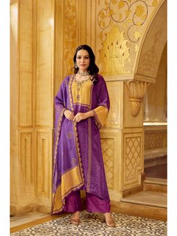 WOOMN - Purple Printed Crepe Straight Kurta with Pant and Dupatta