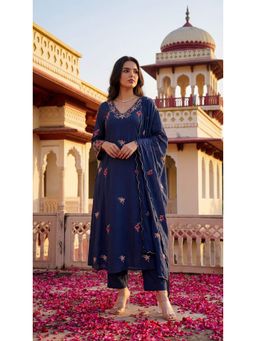 WOOMN - Blue Embroidered Cotton Mul Kurta with Pant and Dupatta