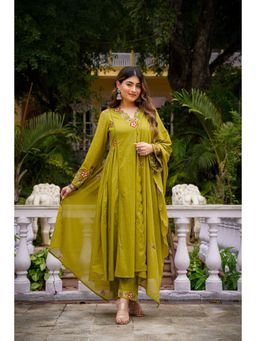 WOOMN - Green Flared Cotton Mul Embroidered Anarkali with Pant and Dupatta