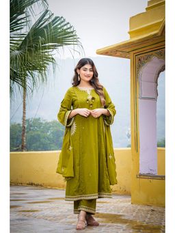 WOOMN - Green Flared Mul Cotton Anarkali with Pant and Dupatta