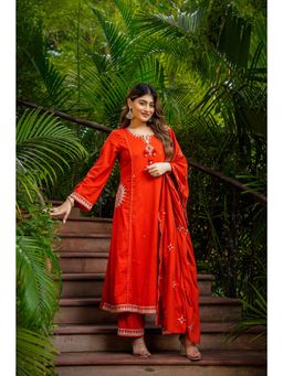 WOOMN - Orange Flared Mul Cotton Anarkali with Pant and Dupatta