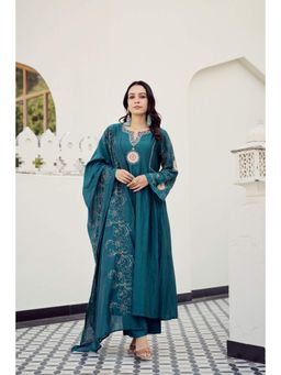 WOOMN - Teal Embroidered Chanderi Anarkali with Pant and Dupatta