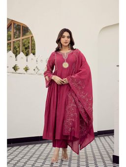 WOOMN - Pink Embroidered Chanderi Anarkali with Pant and Dupatta