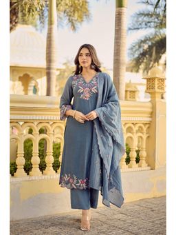 WOOMN - Blue Embroidered Chanderi A-Line Kurta with Pant and Dupatta