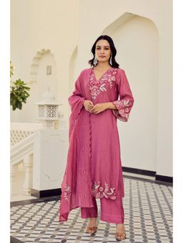 WOOMN - Pink Embroidered Chanderi A-Line Kurta with Pant and Dupatta