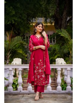 WOOMN - Pink Straight-Fit Cotton Mul Embroidered Kurta with Pant and Dupatta