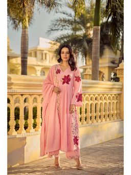 WOOMN - Pink Floral Embroidered A-Line Flared Kurta with Pant and Dupatta
