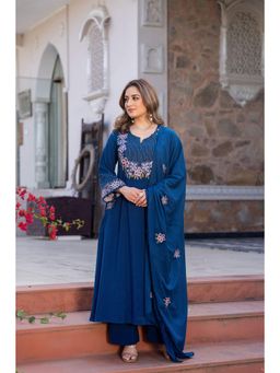 WOOMN - Blue Ocean Bloom A-Line Anarkali with Pant and Dupatta