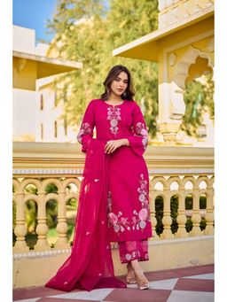WOOMN - Magenta Polyna Chiffon Embroidered Kurta with Pant and Dupatta