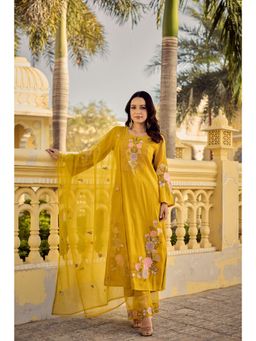 WOOMN - Yellow Polyna Chiffon Embroidered Kurta with Pant and Dupatta
