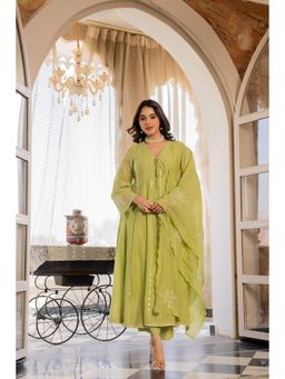 WOOMN - Green Mul Chanderi Embroidered Anarkali with Pant and Dupatta