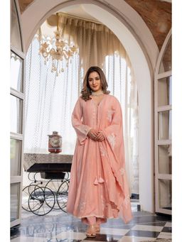 WOOMN - Pink Mul Chanderi Embroidered Anarkali with Pant and Dupatta