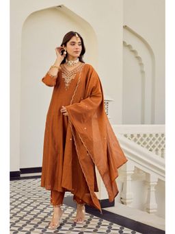 WOOMN - Brown Embroidered A-Line Chanderi Kurta with Pant and Dupatta