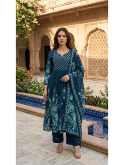 WOOMN - Teal Floral Printed Cotton Embroidered Anarkali with Pant and Dupatta