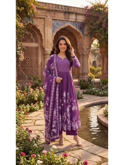 WOOMN - Purple Floral Printed Cotton Embroidered Anarkali with Pant and Dupatta