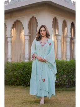 WOOMN - Blue Embroidered Cotton Dobby A-Line Anarkali with Pant and Dupatta