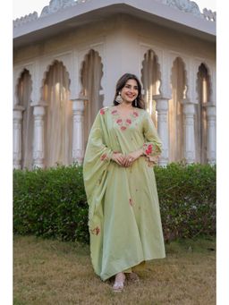 WOOMN - Green Embroidered Cotton Dobby A-Line Anarkali with Pant and Dupatta
