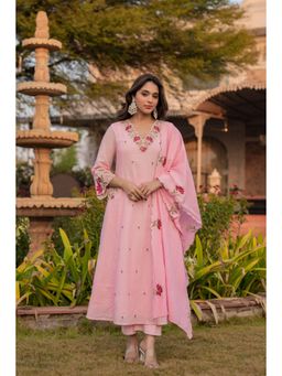 WOOMN - Pink Embroidered Cotton Dobby A-Line Anarkali with Pant and Dupatta