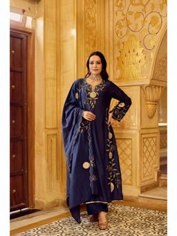 WOOMN - Navy Blue A-Line Embroidered Chanderi Anarkali with Pant and Dupatta