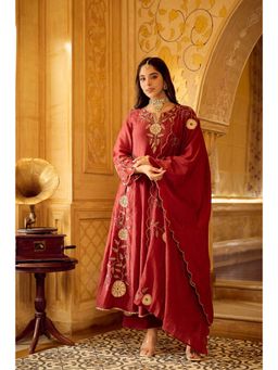 WOOMN - A-Line Embroidered Chanderi Anarkali with Pant and Dupatta