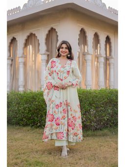 WOOMN - Cream Floral Printed Cotton Mul Anarkali with Pant and Dupatta