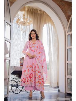 WOOMN - Pink Floral Printed Cotton Mul Anarkali with Pant and Dupatta