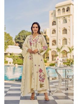 WOOMN - Beige Mint Floral Embroidered Cotton Kurta with Pant and Dupatta
